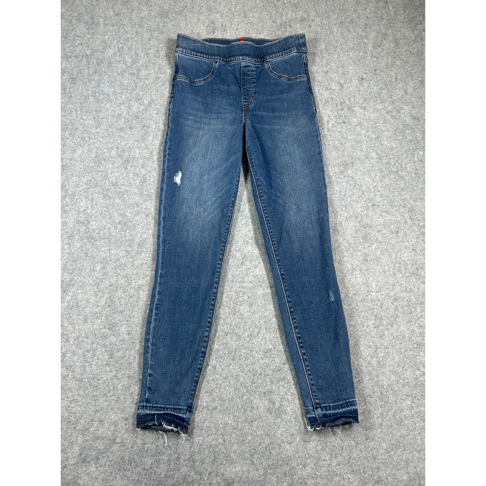 Spanx Skinny Jeans Womens Size Medium Blue Distressed Raw Hem Pull On Denim